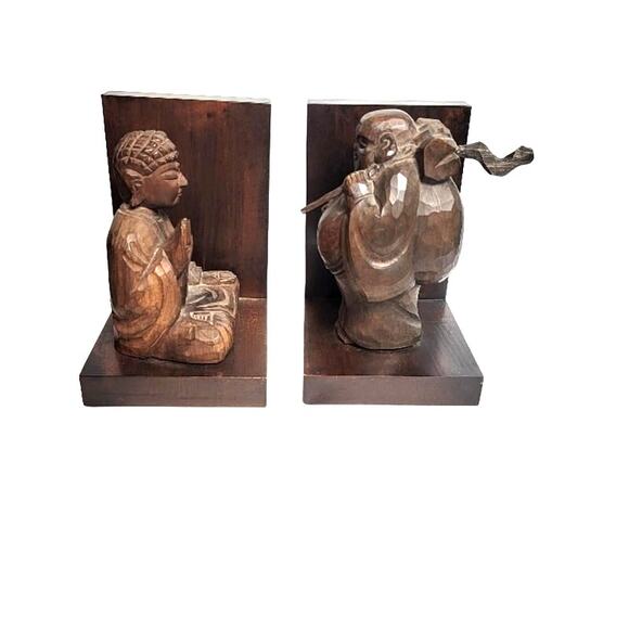 Buddha Wood Carved Bookends MCM Style Collectible READ - Picture 2 of 9
